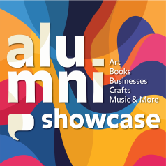 Square illustration with many swirled colors in the background, the Purchase College logo, and the words Alumni Showcase
