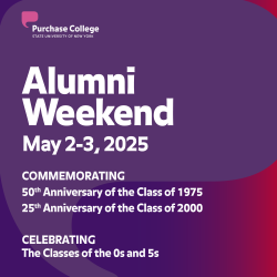 Square image with a dark blue background and the text announcing the May 2-3 dates for Alumni Weekend 2025
