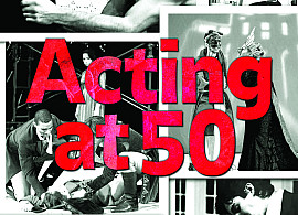 Purchase College Alumni Reception with collage of black-and-white images from past performances w...