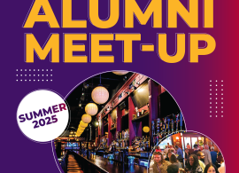 Colorful flyer for Purchase College Summer Meet-Up, showing photos of a bar and people socializing. Event details: August 7, 6-8PM, District