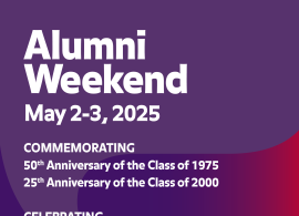 Square image with a dark blue background and the text announcing the May 2-3 dates for Alumni Weekend 2025