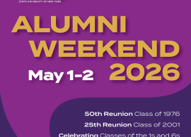Graphic for Purchase College Alumni Weekend 2026, taking place May 1-2. Features announcements for the 50th reunion (Class of 1976), 25th re