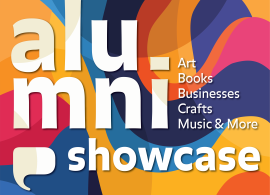 Square illustration with many swirled colors in the background, the Purchase College logo, and the words Alumni Showcase