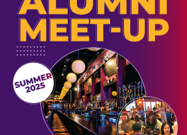 Colorful flyer for Purchase College Summer Meet-Up, showing photos of a bar and people socializing. Event details: August 7, 6-8PM, District