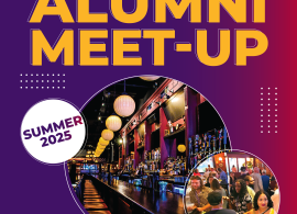 Colorful flyer for Purchase College Summer Meet-Up, showing photos of a bar and people socializing. Event details: August 7, 6-8PM, District