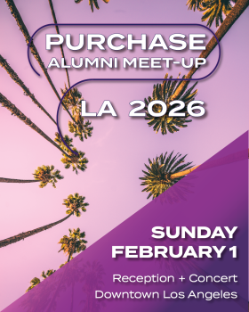 Event flyer with a sunset sky and tall palm trees. Text reads: Purchase Alumni Meet-Up LA 2026. Sunday, February 1. Reception + Concert. Dow