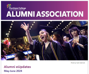 Purple gradiation banner with the Purchase College logo and the words Alumni Association with an image of a graduating student waving.