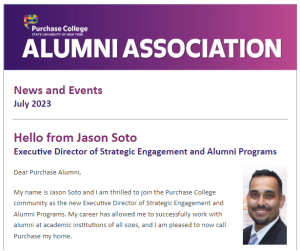 Banner and image for the July 2023 Purchase College Alumni eNewsletter