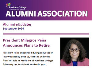 Purple banner with the Purchase College logo and Alumni Association in white text with the September 2024 date and first article headline