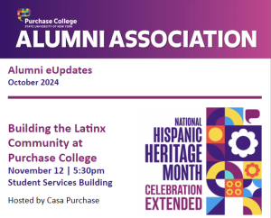 Purple banner with the Purchase College logo and Alumni Association in white text with the October 2024 date and first article headline