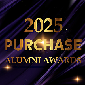 Purple cloth background with 2025 Purchase Alumni Awards in gold text with gold starbursts and accents