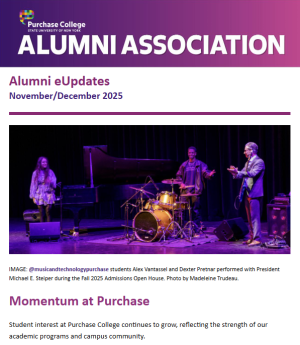 the text Alumni eUpdates November/December 2025 above an image of a jazz trio on stage.