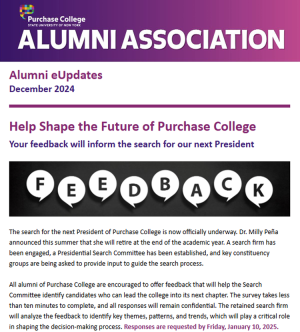 Banner and lead story for the December edition of the Purchase College Alumni Association monthly e-newsletter