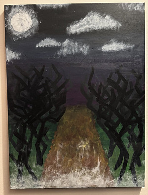 A painting shows a dirt path leading into the distance at night, flanked by dark, leafless trees. A full moon and clouds illuminate a dark