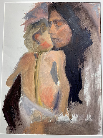 An abstract painting of two figures, one with dark hair and the other with lighter tones, facing each other closely. Their forms blend wi...
