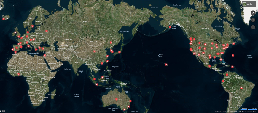 Snapshot taken August 22, 2019 of where Purchase College alumni are located across the United States and around the globe.