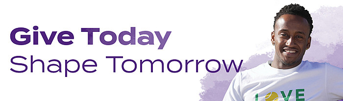 Words Give Today. Shape Tomorrow on a white background with the image of a male student on the right.