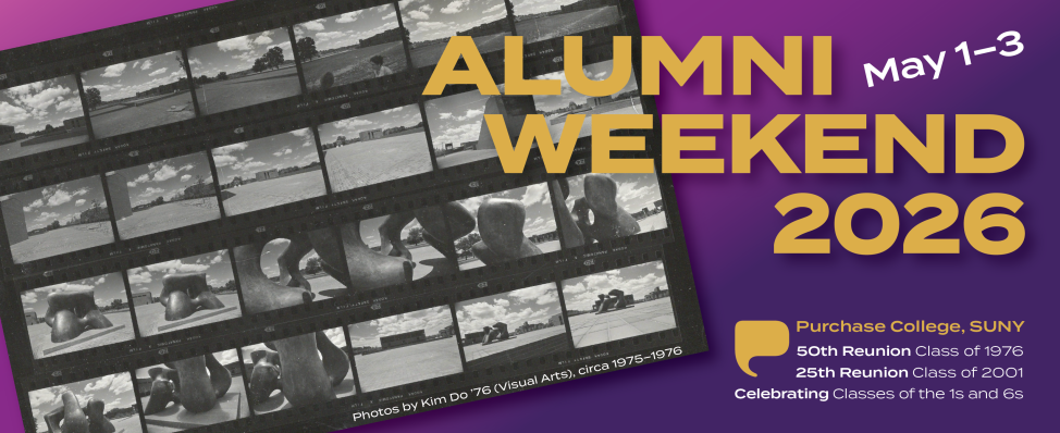 A contact sheet with black-and-white photos of outdoor sculptures appears next to bold yellow text reading ALUMNI WEEKEND 2026 May 1-3.