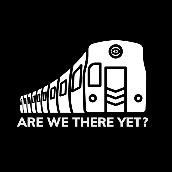 Logo with illustration of a white train on a black background with Are We There Yet Films beneath.