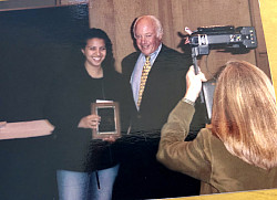 Karen Beltran, Esq. Class of 2002, Anthropology, with President Schwarz