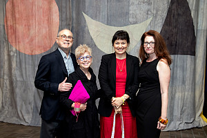 Yto Barrada (center) with Helen Stambler-Neuberger and Jim Neuberger (left) and Neuberger director Tracy Fitzpatrick (right).