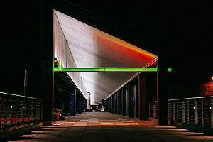 Stephen Antonakos, Neon Lintel, 1997, Neon, painted raceway, 20 x 14 x 208 inches, Collection Neuberger Museum of Art, Purchase College, ...