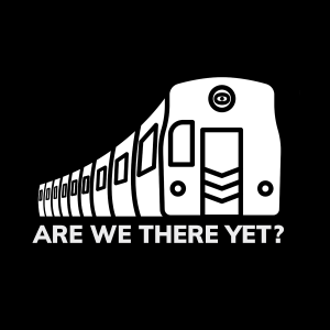 Logo with illustration of a white train on a black background with Are We There Yet Films beneath.
