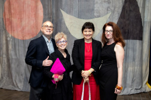 Yto Barrada (center) with Helen Stambler-Neuberger and Jim Neuberger (left) and Neuberger director Tracy Fitzpatrick (right).