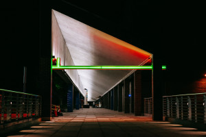 Stephen Antonakos, Neon Lintel, 1997, Neon, painted raceway, 20 x 14 x 208 inches, Collection Neuberger Museum of Art, Purchase College, ...