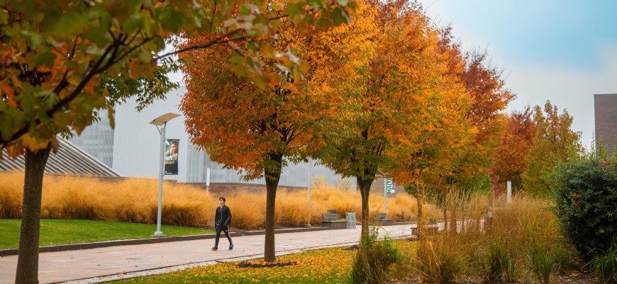 Photo of an autumn view of the Purchase College campus with a student walking.