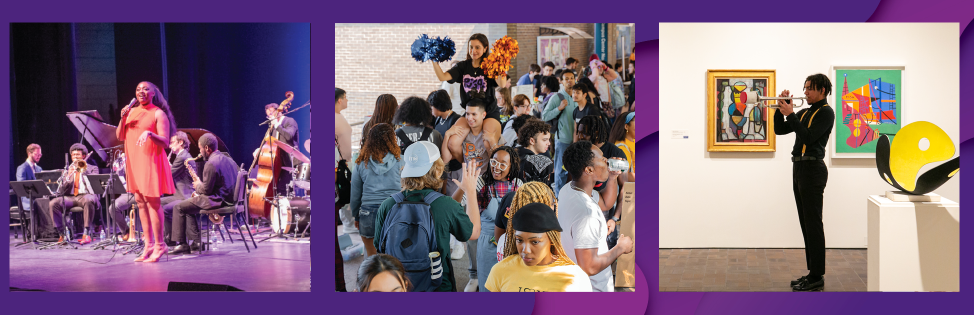 Banner with photos of Samara Joy and her band at The PAC, a group of students on the arcade, and a student musician in the Neuberger Museum