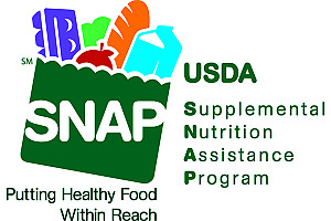 A green bag filled with groceries with the text USDA SNAP - Supplemental Nutrition Assistance Program. Putting healthy food within reach. 