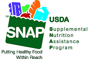 A green bag filled with groceries with the text USDA SNAP - Supplemental Nutrition Assistance Program. Putting healthy food within reach.