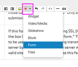 Screenshot of Form Widget selection in the CMS dashboard