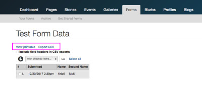 Screen shot of View Submissions by Type in Dashboard