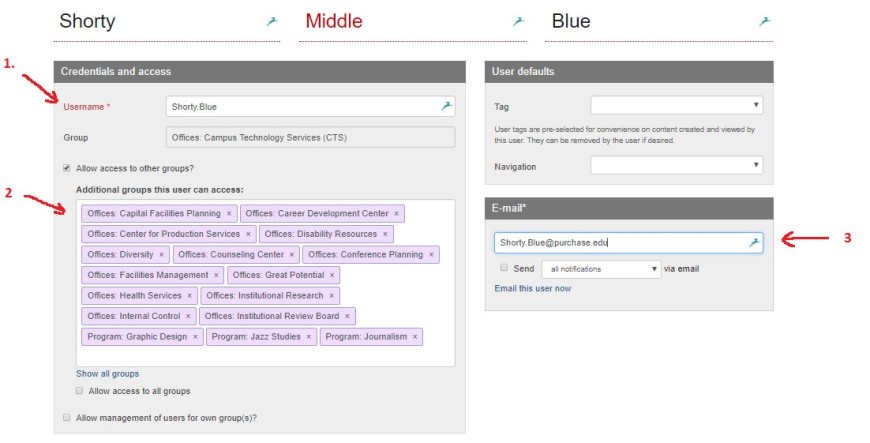 Upper half of create a user in a livewhale form for purchase.edu