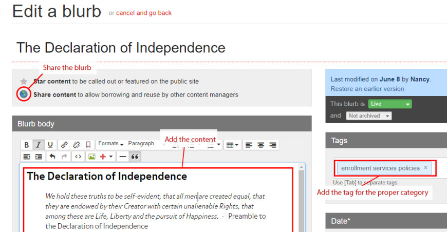 Showing the livewhale dashboard edit a blurb page.