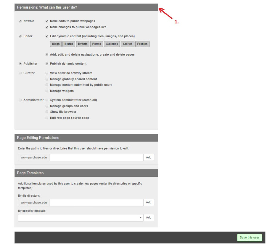 Lower half of create a user in a livewhale form for purchase.edu