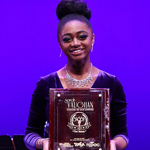 Samara Joy McLendon '21 holds her Sarah Vaughan Jazz Vocal award.