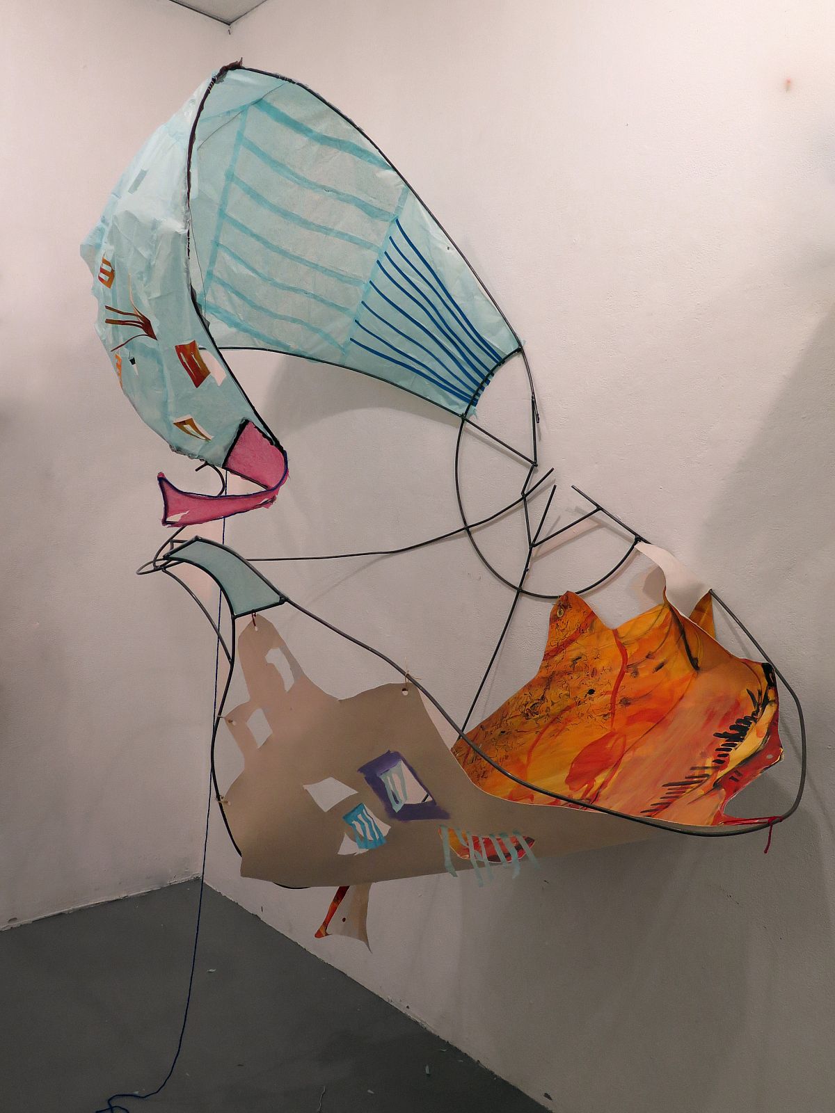 Gabi Rosen, Clementine, Metal rod, oil on canvas, tissue paper, wire, yarn, twine, 8' x 5' x 3', 2021