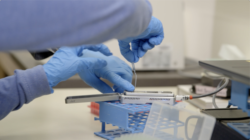 hands in blue rubber gloves using a benchtop data sequencer