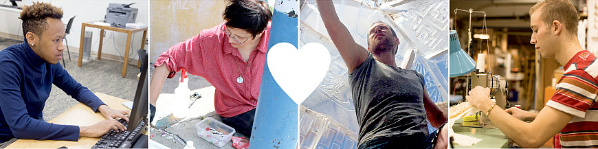 Four images of people working with white heart icon in middle