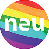 Neuberger Museum of Art logo with Gay Pride colors in the background