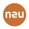 White lowercase text neu in a rounded, bold font is centered inside a solid orange circle. The letter e is stylized with a horizontal bar