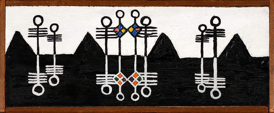An abstract painting using light and dark. Background is white on top, black on bottom with 4 peaks. There are 8 totem-style motifs split in