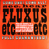 Orange poster with the title of the Fluxus etc exhibition and details about the FluxFest in 1983