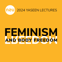 Yellow square with the NEU circle logo and the words 2024 Yaseen Lecture on Fine Arts and a graphic with the lecture title