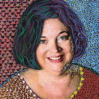 artistic print of a woman's face on a colorful patterned background