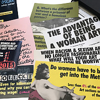 Several colorful postcards with bold text address gender inequality in art, including statistics and provocative questions.