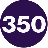 A purple circle with the number three hundred fifty centered in white digits